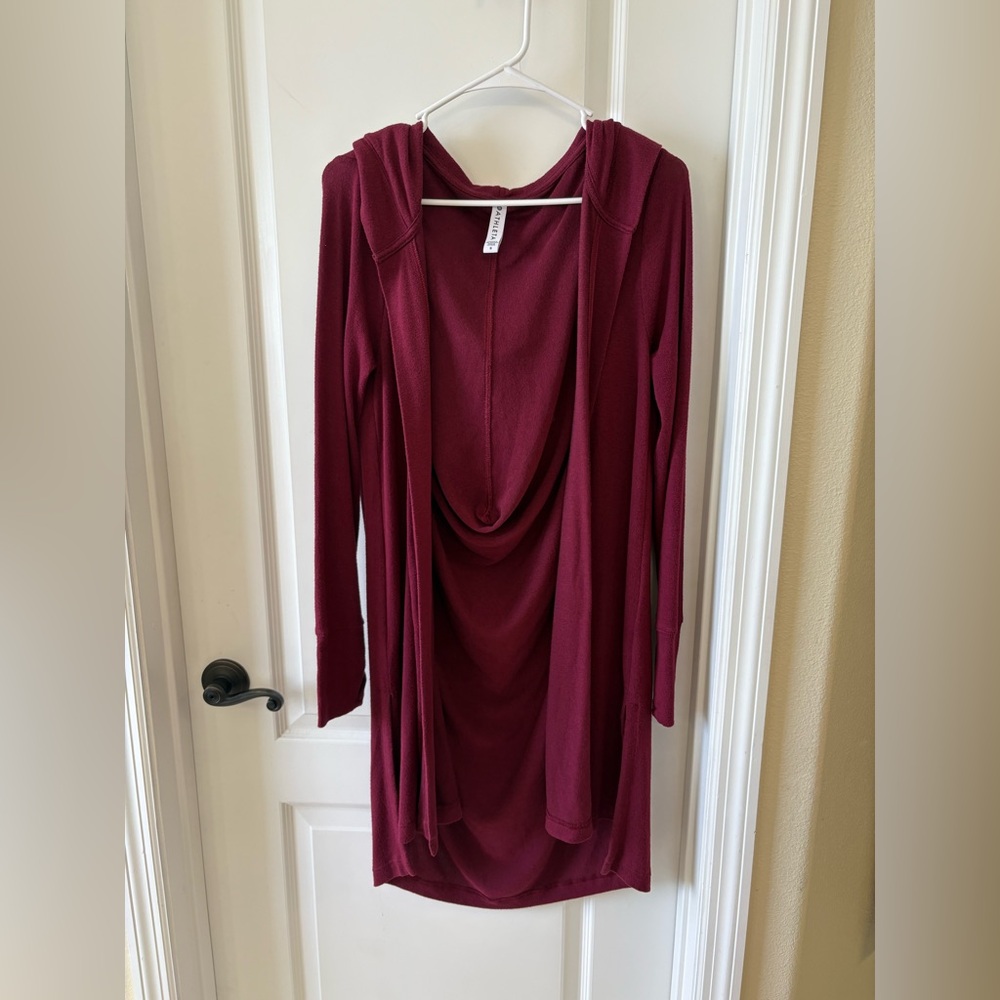 ATHLETA Draped Open Front Hooded Cardigan Burgundy Thumb Hole Long Sleeve Small